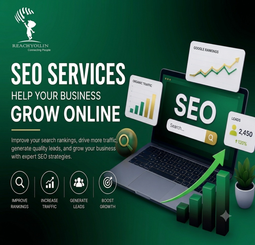How SEO Helps Your Business Grow Online SEO Services banner showing business growth, Google rankings, website traffic, and lead generation by ReachYou.